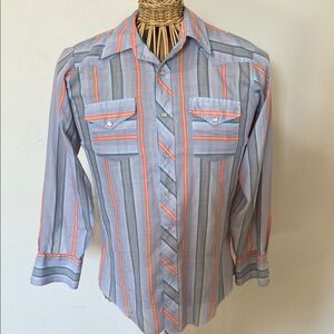 Striped Gray and Orange Vintage H bar C Men's western Pearl snap